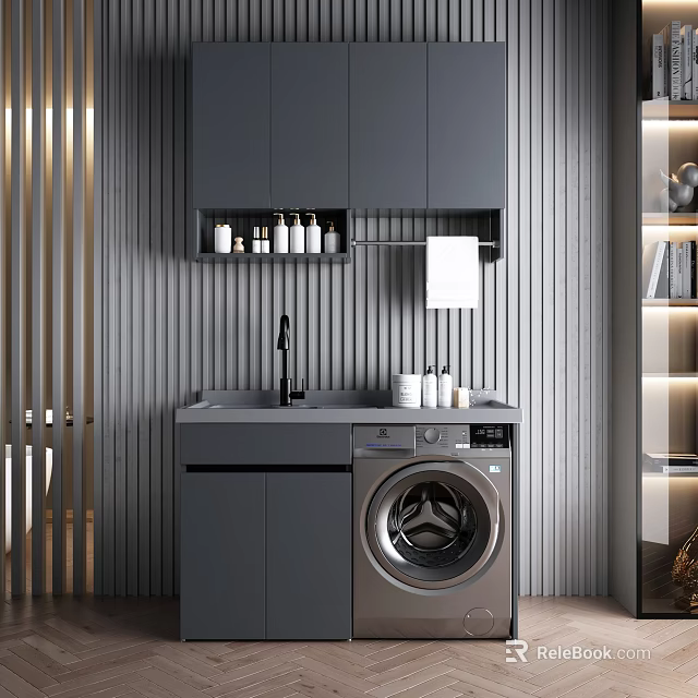 Modern Home Balcony With Dark Gray Cabinets Washing Machine Sink And Vertical Striped Wall 3d model 