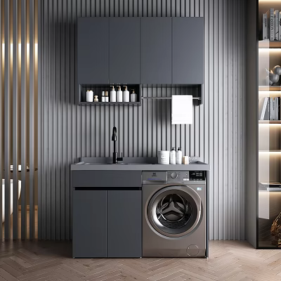 Modern Home Balcony With Dark Gray Cabinets Washing Machine Sink And Vertical Striped Wall 3d model