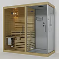 Modern Shower and Sauna Space With Wooden Sauna Room Warm Lighting And Glass Shower Area