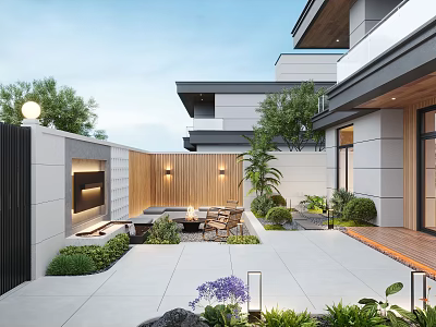 Modern Garden Outdoor Seating Area With Wooden Fence Plants Trees Purple Flowers And Lighting 3d model