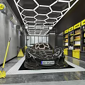 4S Car Dealership Showroom Featuring Black Patterned Sports Car Yellow Signs And Hexagonal Ceiling Lights