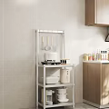 Wooden Kitchen Cabinets Featuring Metal Shelf Microwave Cooking Utensils And Storage Boxes