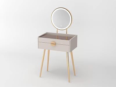 Elegant Modern Vanity Table With Round Gold Frame Mirror And Single Drawer Gold Legs 3d model