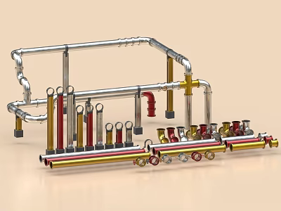 Plumbing Pipe System With Various Pipes And Valves 3d model