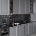 Modern Kitchen With Gray Cabinets Black Marble Backsplash Island And Wine Rack 3d model
