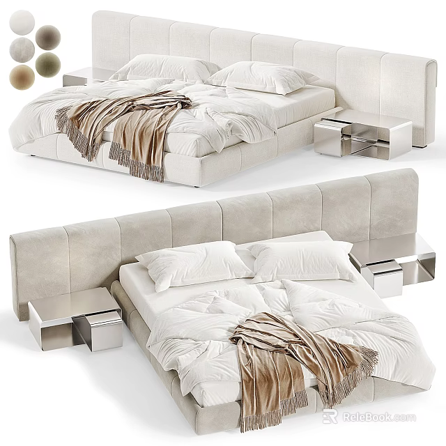 Elegant White Velvet Double Bed With White Pillows Brown Blanket And Modern Metal Bedside Tables 3d model 