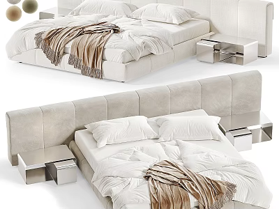 Elegant White Velvet Double Bed With White Pillows Brown Blanket And Modern Metal Bedside Tables 3d model