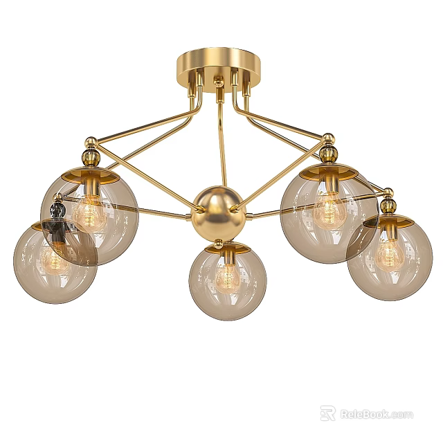 Modern Gold Metal Chandelier With Clear Glass Globes And Five Illuminated Bulbs 3d model 