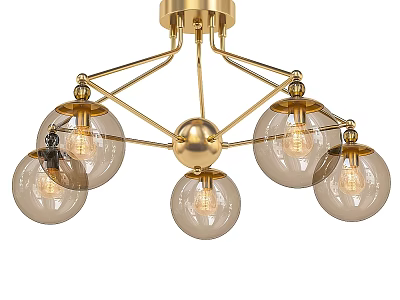 Modern Gold Metal Chandelier With Clear Glass Globes And Five Illuminated Bulbs 3d model