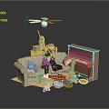 Toy Characters And Stuffed Animal On Sofa Near Piano With Boxes And Shoes
