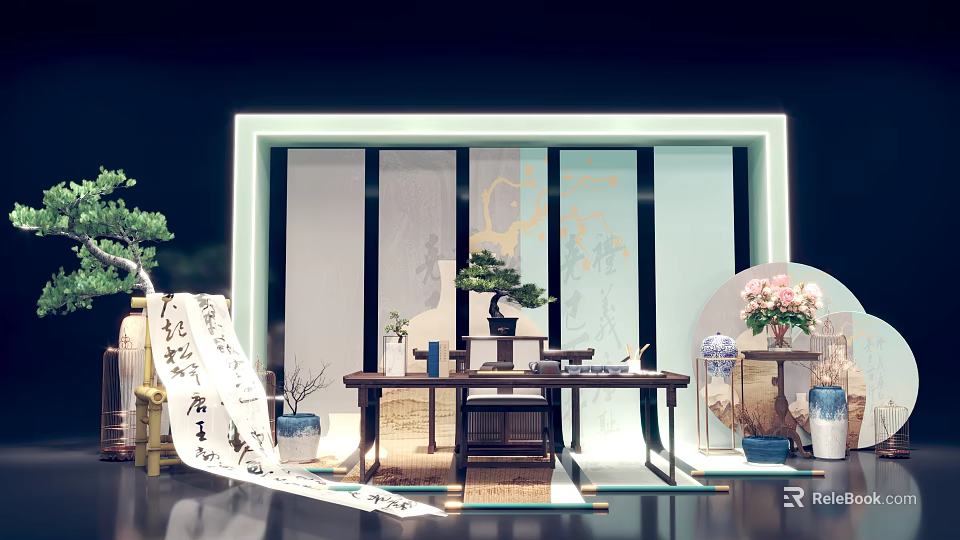 Traditional Chinese Interior With Screen Bonsai Tree Calligraphy Scroll And Wooden Table 3d model 