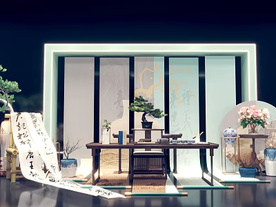 Traditional Chinese Interior With Screen Bonsai Tree Calligraphy Scroll And Wooden Table 3d model