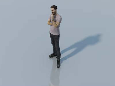 Man in Pink T Shirt Standing with Crossed Arms on Light Floor Wearing Black Pants 3d model