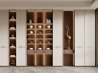 Modern Bookcase Design With Wooden Shelves White Cabinets And Decorative Crane Ornament 3d model