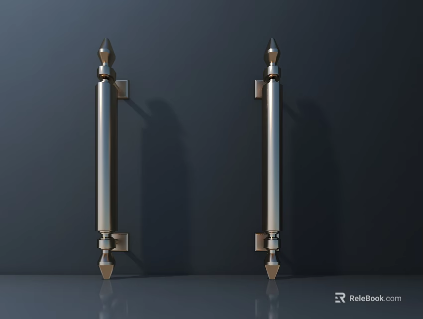 Two Polished Metal Door Handles With Modern Decorative Design On Dark Background 3d model 