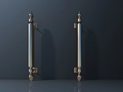 Two Polished Metal Door Handles With Modern Decorative Design On Dark Background 3d model