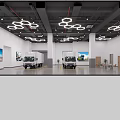 White Trucks Showcased In Indoor Exhibition Hall With Hexagonal Ceiling Lights And Large Screens