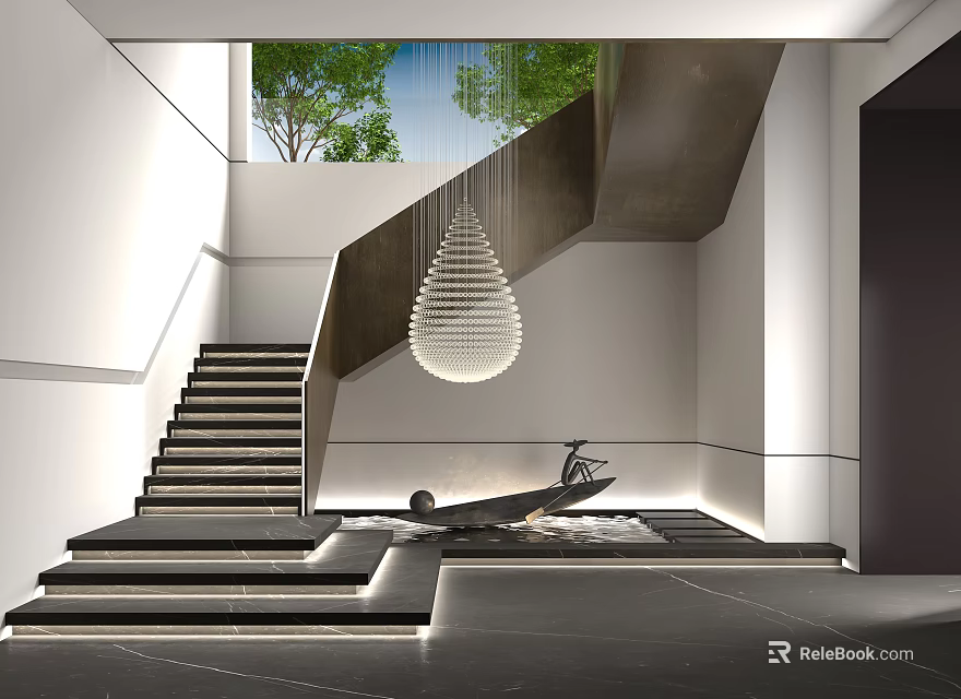 Modern Black Staircase With Waterdrop Pendant Light White Walls And Polished Floor Design 3d model 