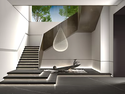 Modern Black Staircase With Waterdrop Pendant Light White Walls And Polished Floor Design 3d model