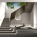 Modern Black Staircase With Waterdrop Pendant Light White Walls And Polished Floor Design