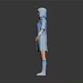 Game and Movie Character in Blue Patterned Hooded Coat White Boots on Dark Background with Reflection