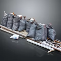 Household Supplies With Black Garbage Bags Wooden Boards Metal Strips And Small White Box