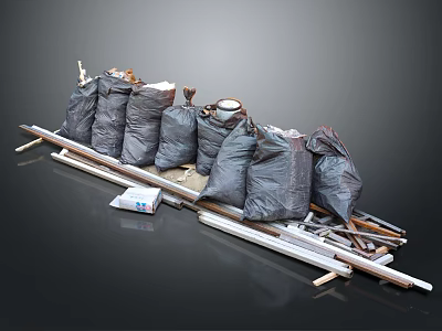 Household Supplies With Black Garbage Bags Wooden Boards Metal Strips And Small White Box 3d model