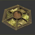Traditional Assorted Side Dishes in Octagonal Wooden Container with Red Sauce and Fresh Vegetables