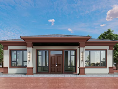 Single Family House Exterior With Brown Roof Beige Brown Walls And Red Brick Pavement 3d model