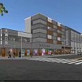 Modern Commercial Street with Multi storey Buildings Department Store Pedestrians and Vehicles
