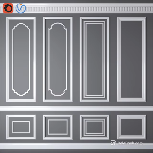 Decorative Wall Components With White Borders Gray Panels And Various Designs 3d model 