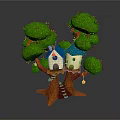 Playful Cartoon Treehouse Scene Featuring Green Leafy Trees Little Houses and Brown Trunks