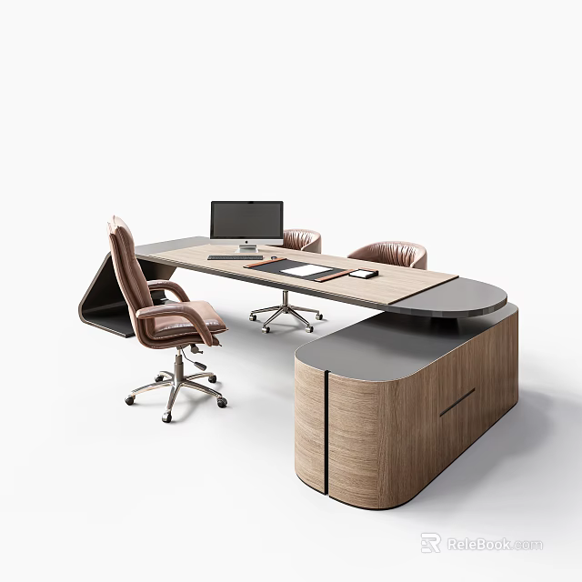 Modern Office Desk With Stylish Curved Design Wooden Gray Surface Computer Monitor Documents Leather Chairs 3d model 