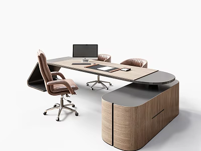 Modern Office Desk With Stylish Curved Design Wooden Gray Surface Computer Monitor Documents Leather Chairs 3d model