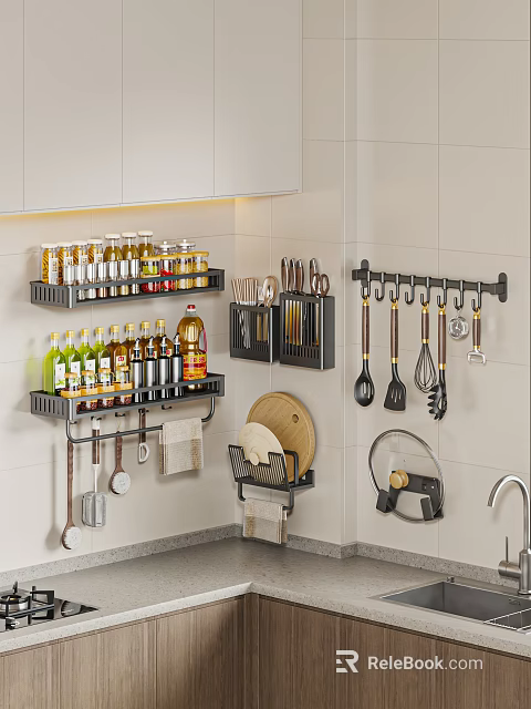 Organized Kitchen With Wall Mounted Shelves Spices Bottles Knives And Hanging Utensil Rack 3d model 