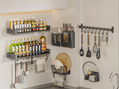 Organized Kitchen With Wall Mounted Shelves Spices Bottles Knives And Hanging Utensil Rack 3d model