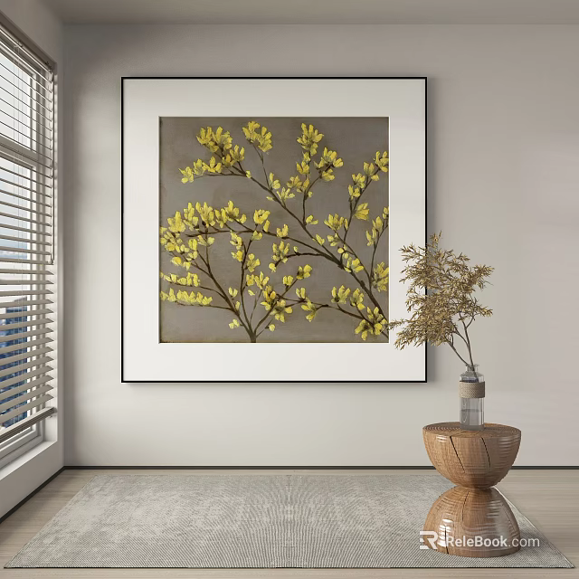 Botanical Painting With Yellow Flower Branches Gray Background Black Frame And Wooden Vase Near Window 3d model 