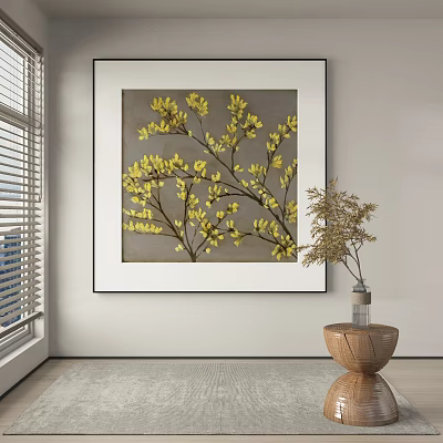 Botanical Painting With Yellow Flower Branches Gray Background Black Frame And Wooden Vase Near Window 3d model