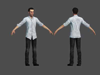 Game Movie Male Character Front Back Views White Shirt Dark Pants Black Shoes Arms Outstretched 3d model