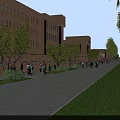 School Buildings with Rainbow Colored Sections Brick Arched Doorways and Trees Where People Walking