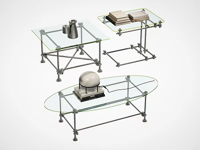Modern Glass Top Coffee Tables With Metal Frame And Decorative Items On Surface 3d model
