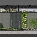 Garden Landscape Design With Glass Roof Waterfall Wall Green Plants And Bamboo