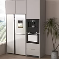 Modern Kitchen Appliances With Refrigerator Oven And Potted Plant In Interior