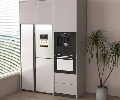 Modern Kitchen Appliances With Refrigerator Oven And Potted Plant In Interior 3d model