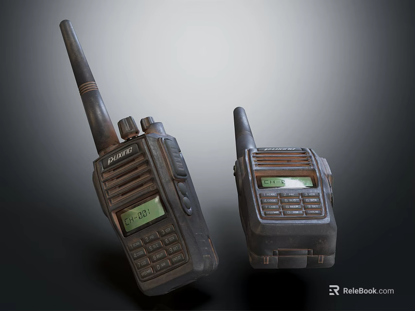 Vintage Walkie Talkies With Antennas Display Screens And Control Buttons On Dark Surface 3d model 