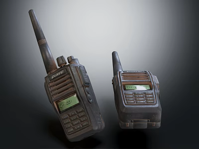 Vintage Walkie Talkies With Antennas Display Screens And Control Buttons On Dark Surface 3d model