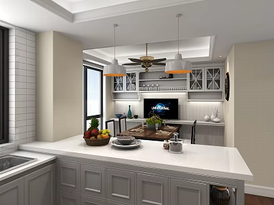 Modern Restaurant Interior With Open Layout White Countertop Gray Cabinets Dining Table Fruit And Tableware 3d model