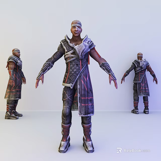 Game Movie Character In Leather Armor With Straps And Red Accents Long Coat 3d model 