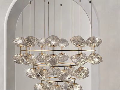 Multi Tiered Golden Crystal Chandelier With Irregular Glass Shades In Elegant Interior 3d model