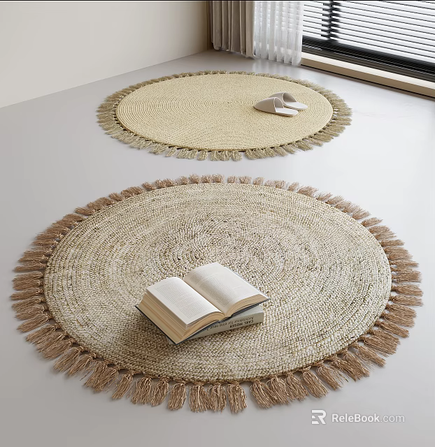Light Colored Braided Round Rugs With Fringes And Decor Items 3d model 